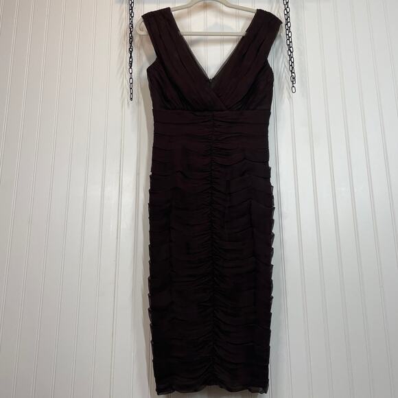 TADASHI SHOJI Brown Ruched Off-Shoulder Silk Sleeveless Midi Bodycon Dress Sze 4 - Picture 1 of 10
